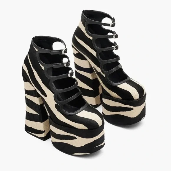 Marc Jacobs Kiki black tan zebra calf hair strappy chunky platform ankle boots - Picture 1 of 12